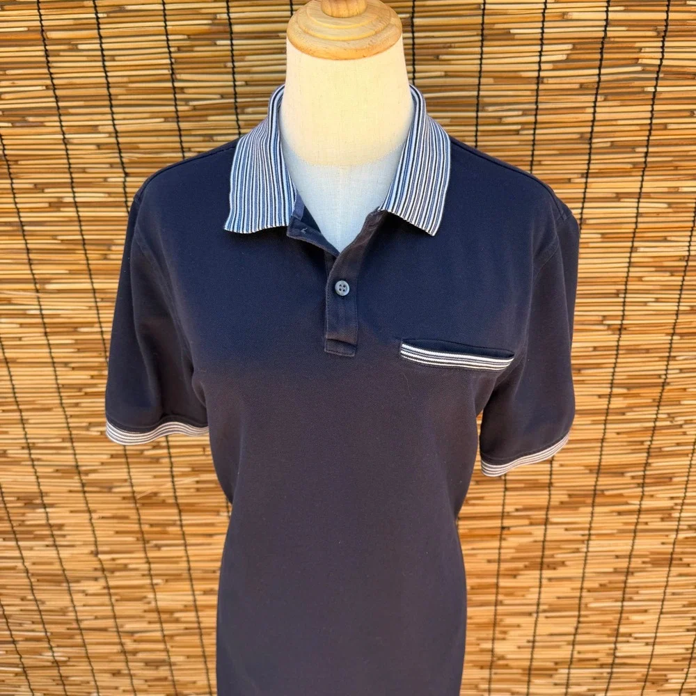 Banana Republic Mens Large‎ Tall Navy Blue Striped Collar Pique Polo Shirt L T